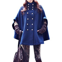 Allegra K Women Stand Collar Double Breasted Poncho Coat Blue M