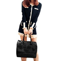 Ladies Dark Blue Plastic Pearl Buttoned Cuff Round Neck Coat XS