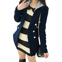 Women Convertible Collar Double Breasted Hooded Worsted Coat Blue XS