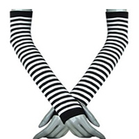 Women Stripe Knitted Fingerless Elbow Length Gloves Pair Black-White